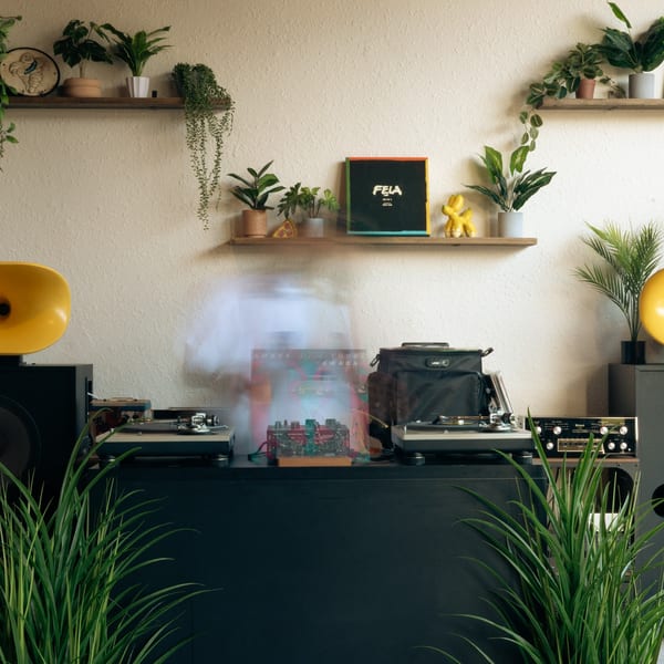 A DJ setup with turntables, speakers, and records, surrounded by potted plants and shelves.