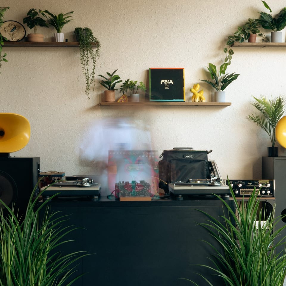 A DJ setup with turntables, speakers, and records, surrounded by potted plants and shelves.