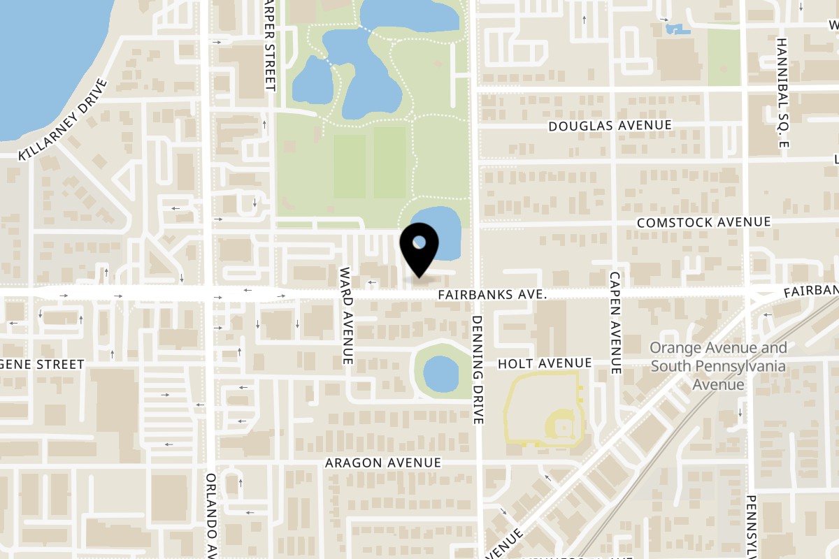 Map showing the location of Perla's Pizza on 959 W Fairbanks Ave in Winter Park